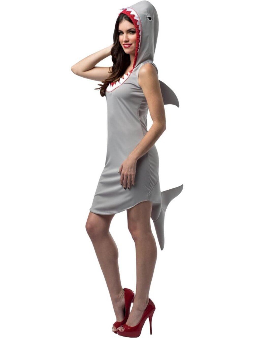 Funny Shark Hoodie Dress Costume for Women, Size 4-10, Gray with Fin & Tail
